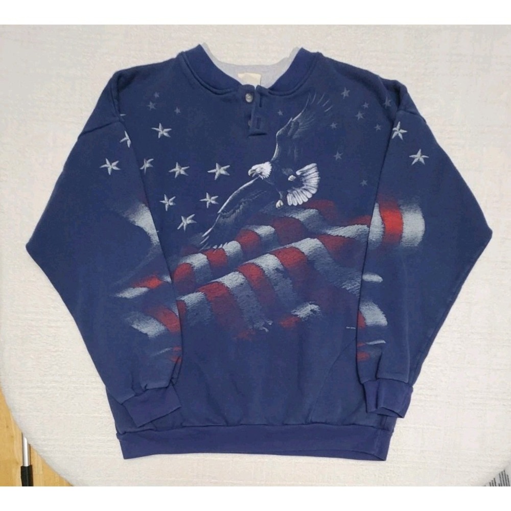 Artisans Vintage 80s Sun-Washed Faded Henely Sweatshirt USA Flag Eagle Flag